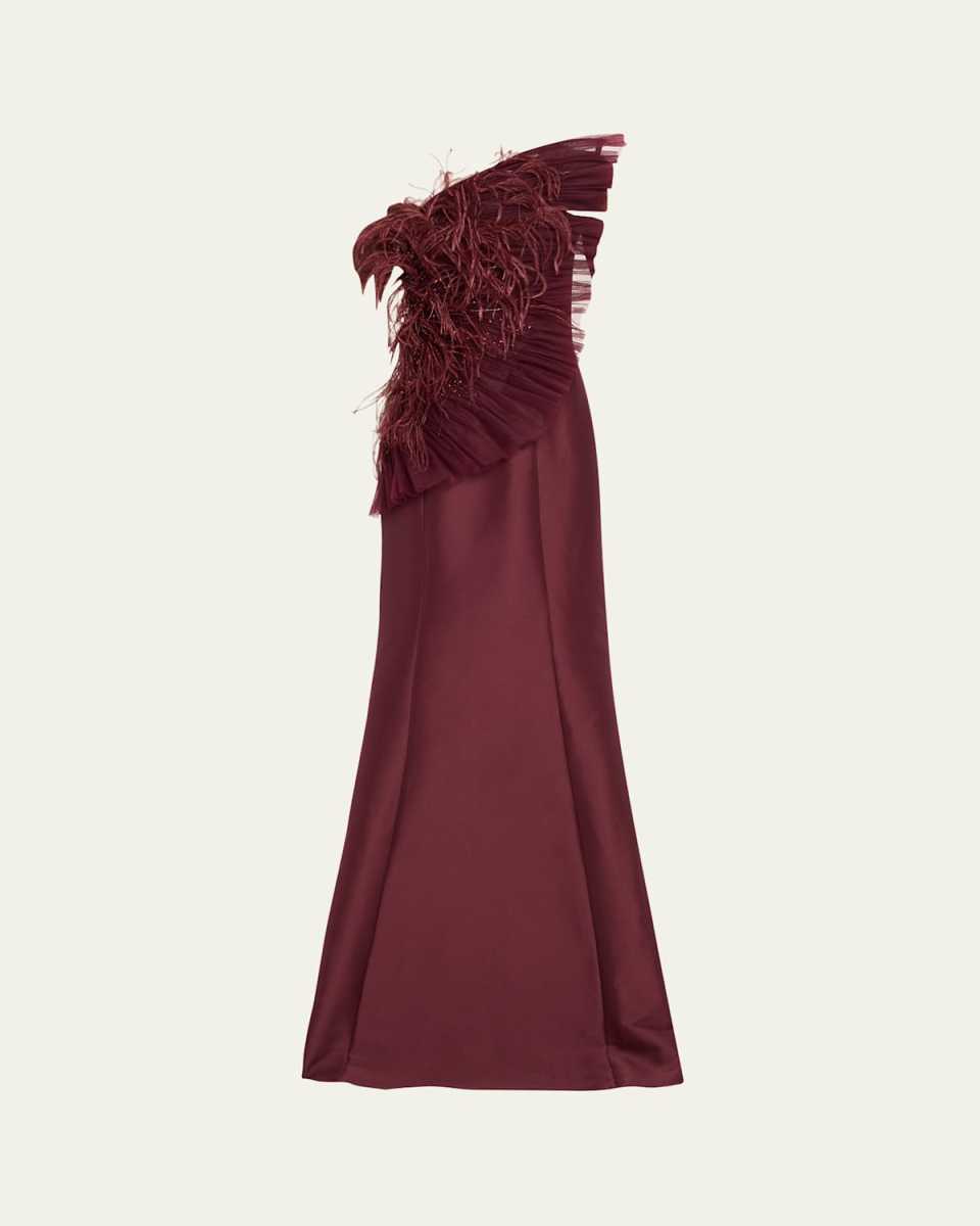 Strapless Feather-Embellished Fan Ruffle Gown
